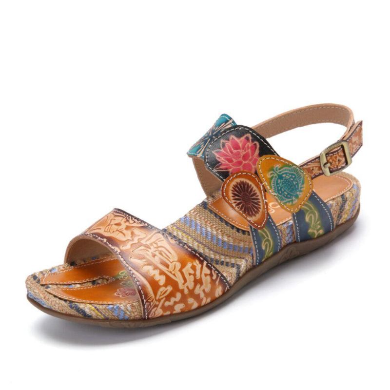 Retro Flower Printing Læder Comfy Flat Stripe Sandaler