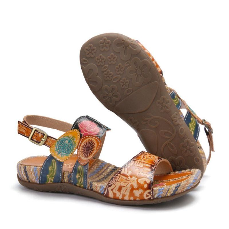 Retro Flower Printing Læder Comfy Flat Stripe Sandaler