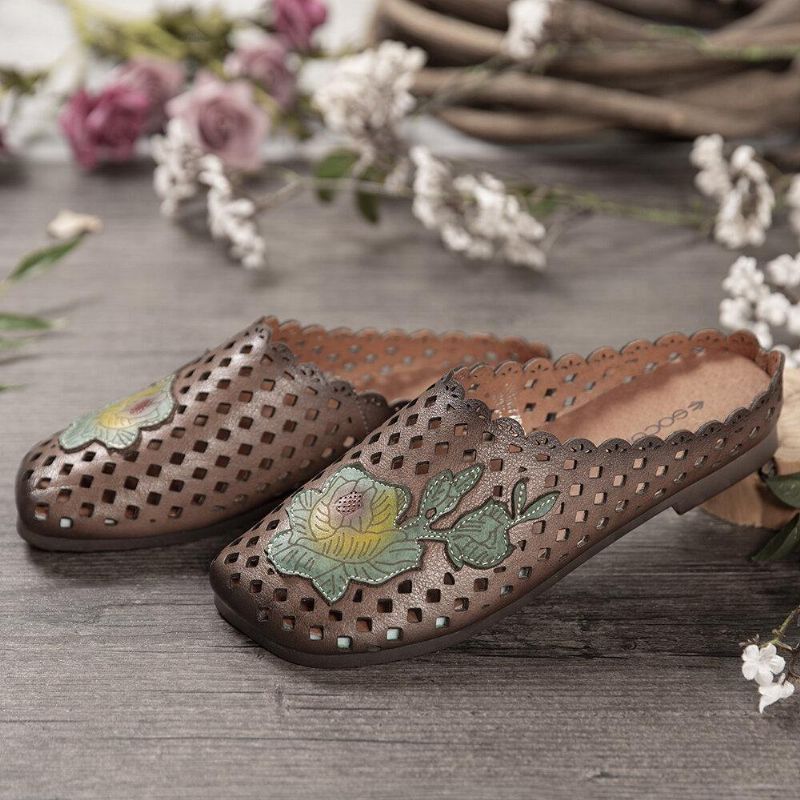 Retro Læder Blomster Applikation Udskæringer Bløde Flade Mules Træsko Slip-On Sandaler