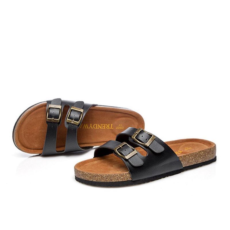 Stor Størrelse Kvinder Strand Casual Dual Buckle Strap Bløde Flade Korksandaler