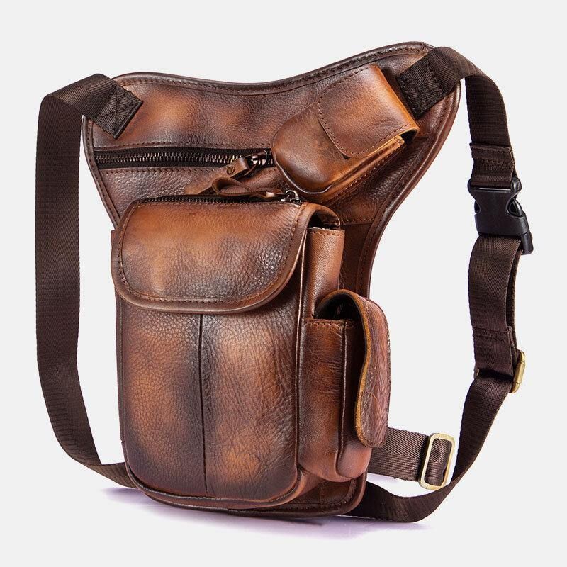 Mænd Ægte Læder Multi-Carry Retro 7 Tommer Telefonkamera Udendørs Taljetaske Crossbody Taske