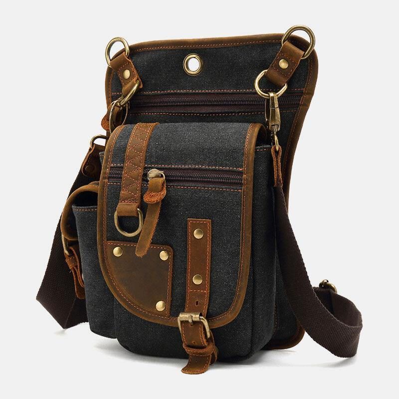 Mænd Ægte Læder Og Lærred Cykling Udendørs Sport Ben Taske Taljetaske Crossbody Taske