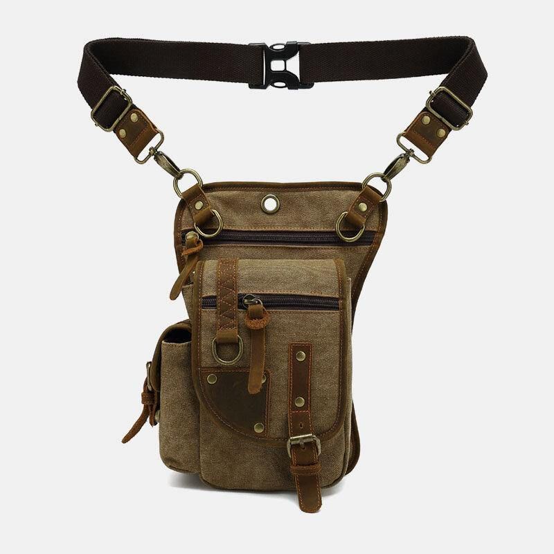 Mænd Ægte Læder Og Lærred Cykling Udendørs Sport Ben Taske Taljetaske Crossbody Taske