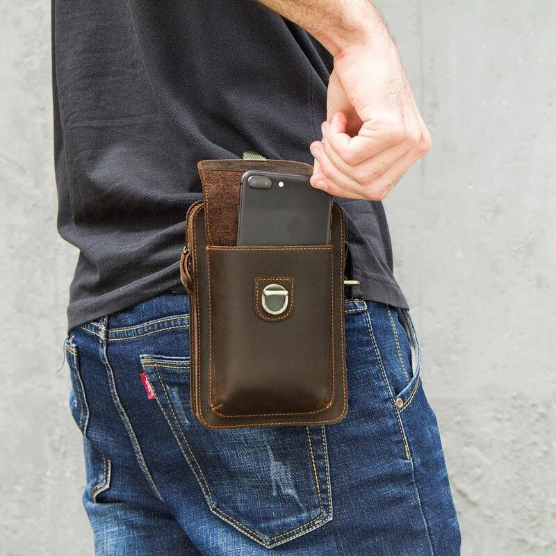 Mænd Ægte Læder Retro Afslappet Udendørs Multi-Bære Telefontaske Crossbody Taske Taljetaske Til 5.8 Tommer Telefon