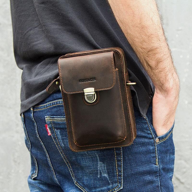 Mænd Ægte Læder Retro Afslappet Udendørs Multi-Bære Telefontaske Crossbody Taske Taljetaske Til 5.8 Tommer Telefon