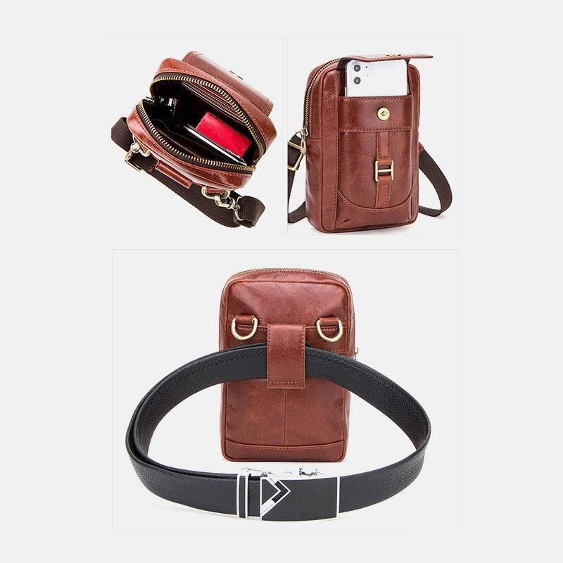 Mænd Ægte Læder Retro Mode 5.8 Tommer Telefontaske Multi-Bære Crossbody Taske Taljetaske