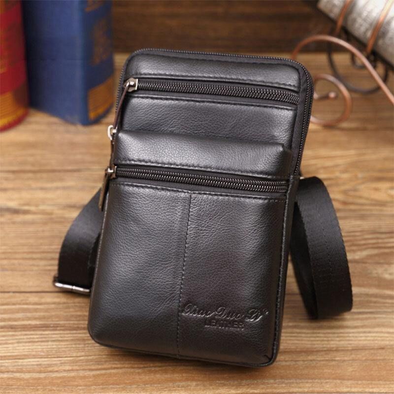 Mænds Ægte Læder Mini Multifunktionel Messenger 7 Tommer Telefontaske Taljetaske Crossbody Taske