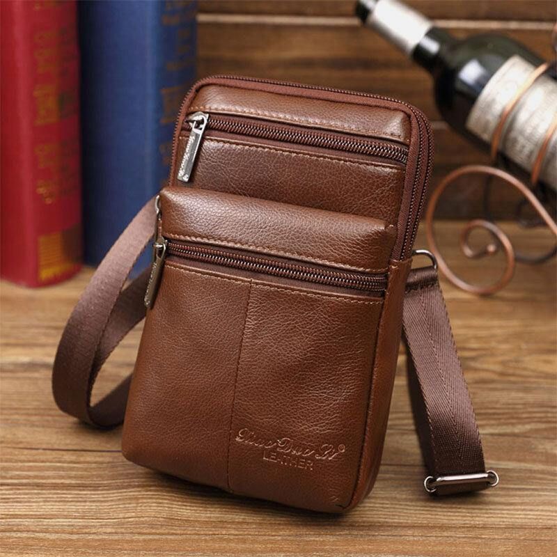 Mænds Ægte Læder Mini Multifunktionel Messenger 7 Tommer Telefontaske Taljetaske Crossbody Taske