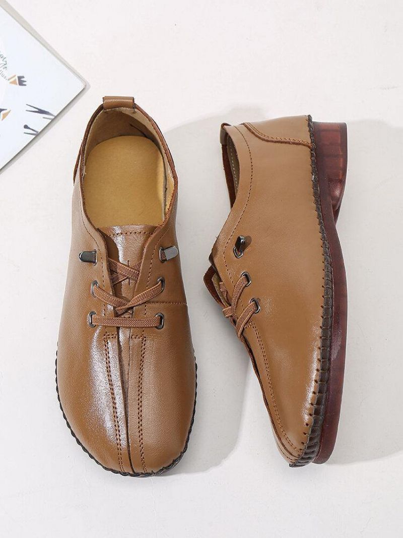 Kvinder Comfy Stitching Ægte Læder Bløde Lace Up Flade Sko Loafters