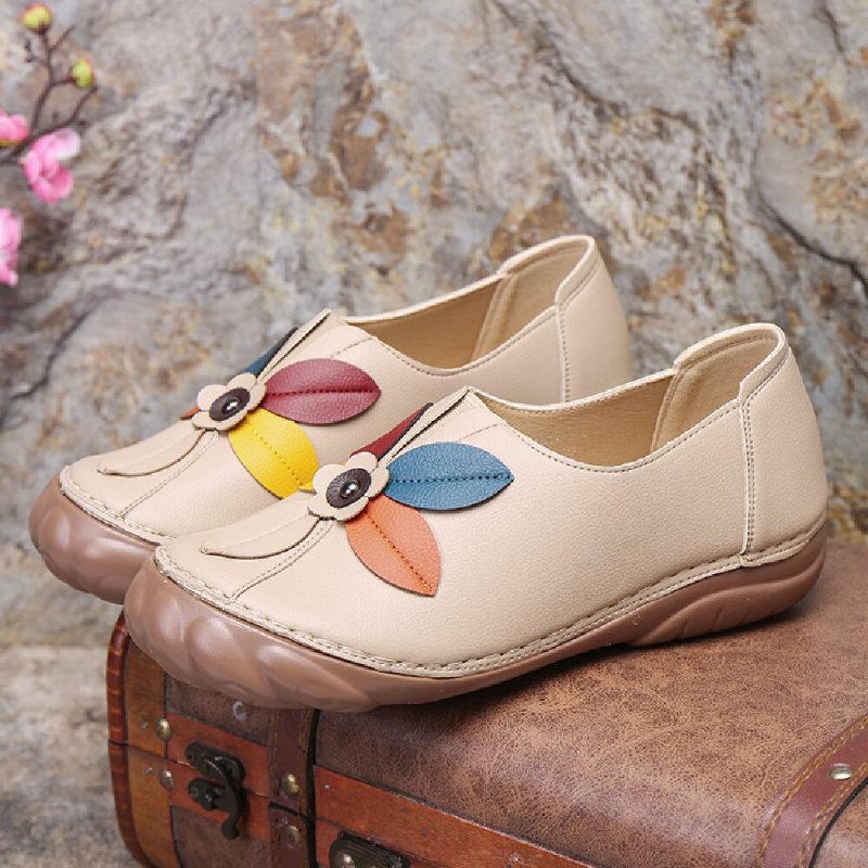 Kvinder Retro Flower Stitching Comfy Runde Toe Slip On Flat Loafers Sko