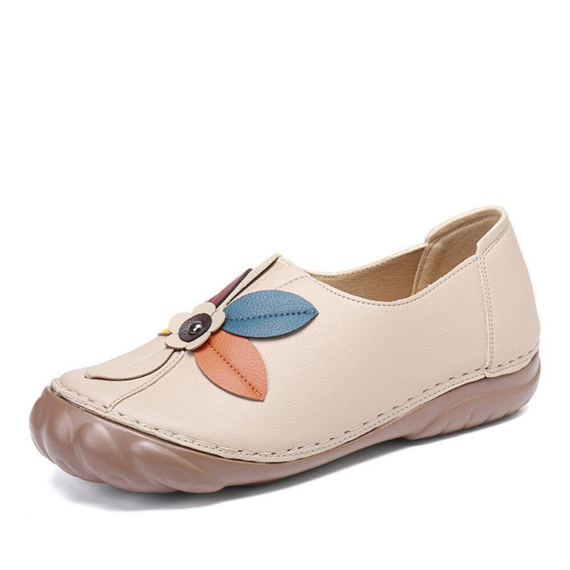 Kvinder Retro Flower Stitching Comfy Runde Toe Slip On Flat Loafers Sko