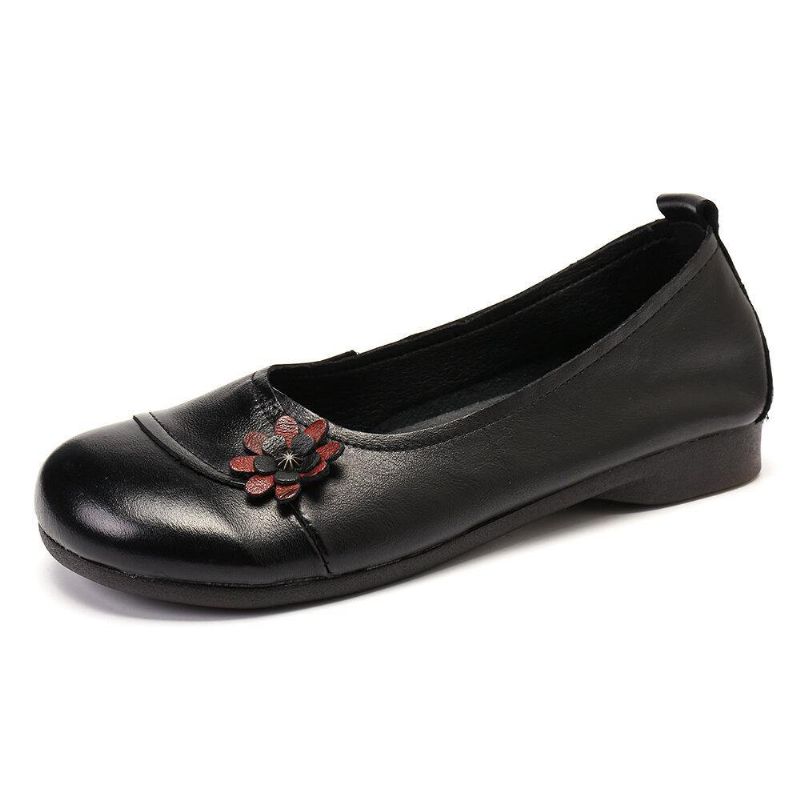 Kvinders Læderblomster Slip On Flade Sko Loafers Sko