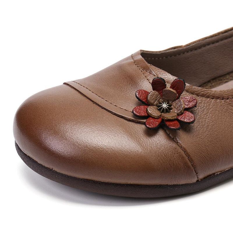 Kvinders Læderblomster Slip On Flade Sko Loafers Sko