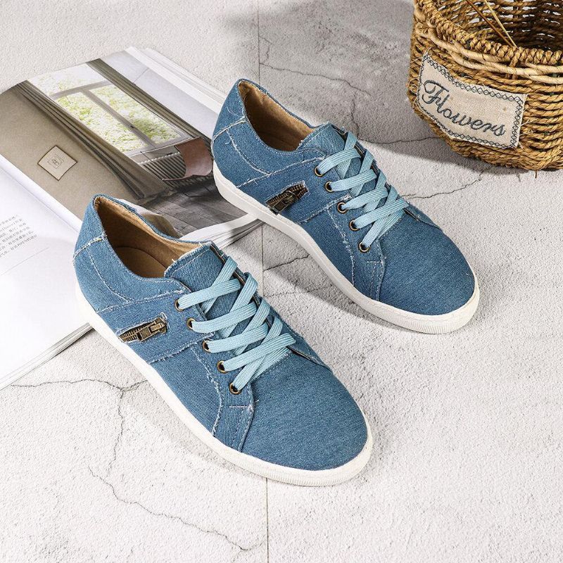 Plus Size Kvinder Retro Lynlås Dekor Canvas Lace Up Flat Casual Sko