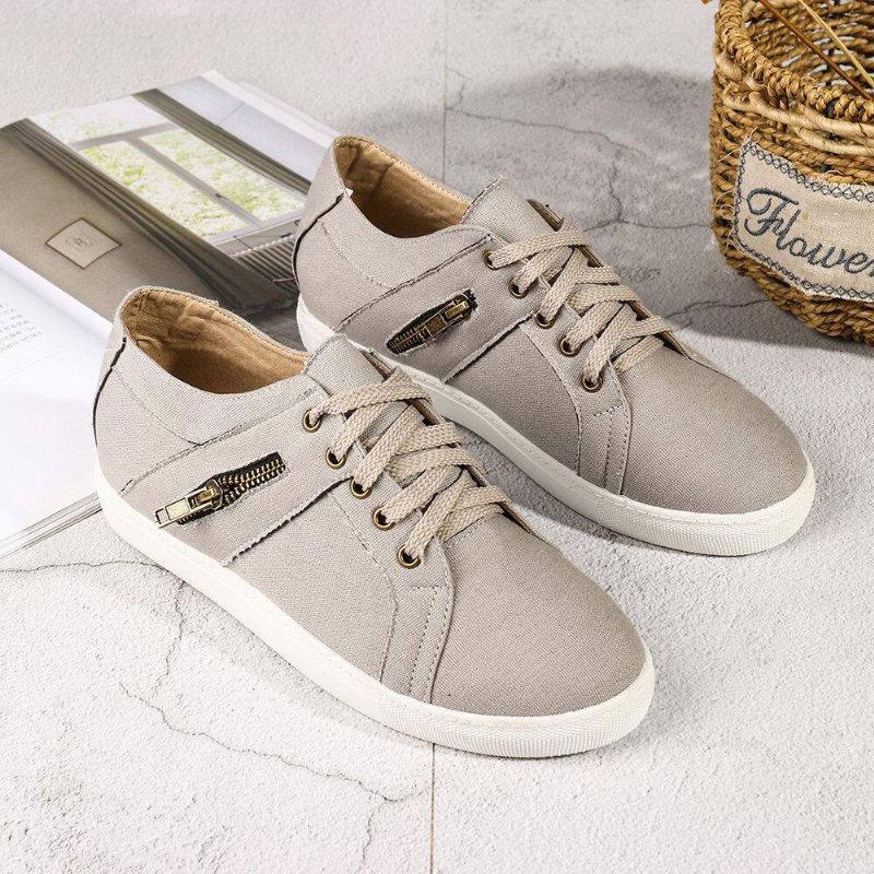 Plus Size Kvinder Retro Lynlås Dekor Canvas Lace Up Flat Casual Sko