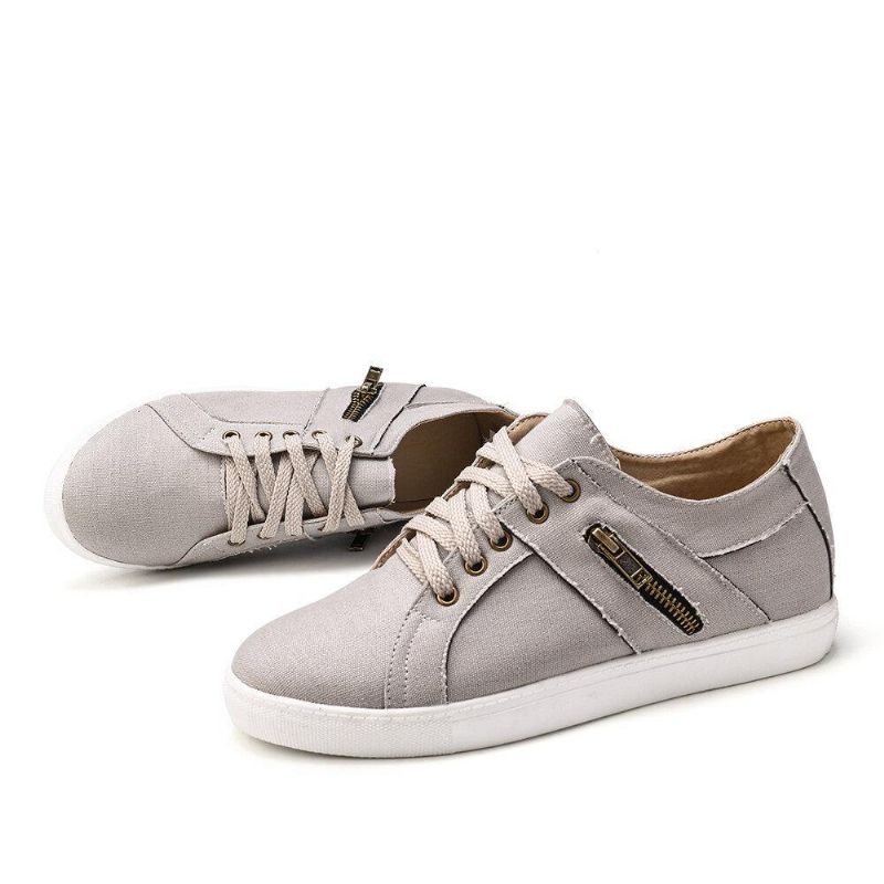 Plus Size Kvinder Retro Lynlås Dekor Canvas Lace Up Flat Casual Sko