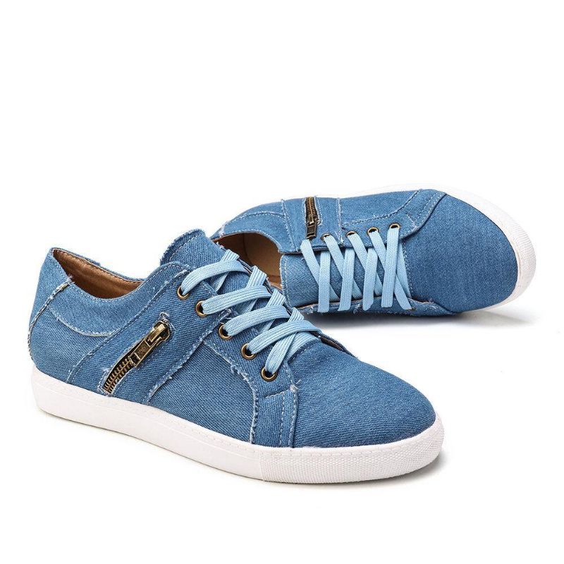 Plus Size Kvinder Retro Lynlås Dekor Canvas Lace Up Flat Casual Sko