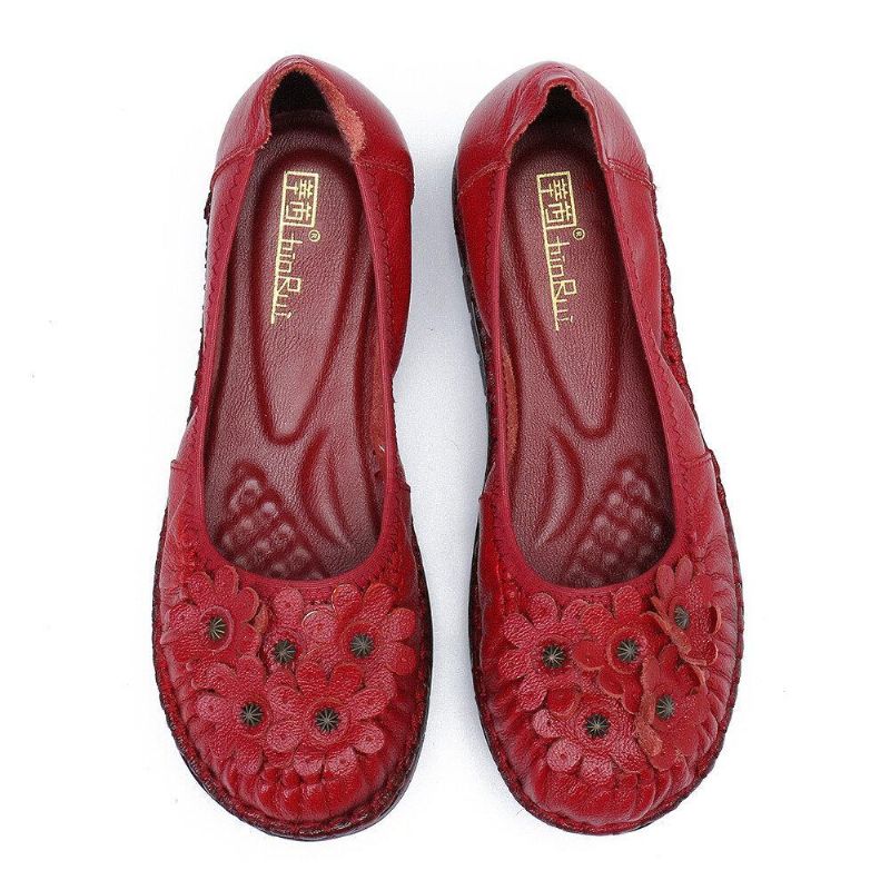 Retro Flowers Decor Comfy Læder Skridsikker Blød Sål Casual Slip-On Flade Sko