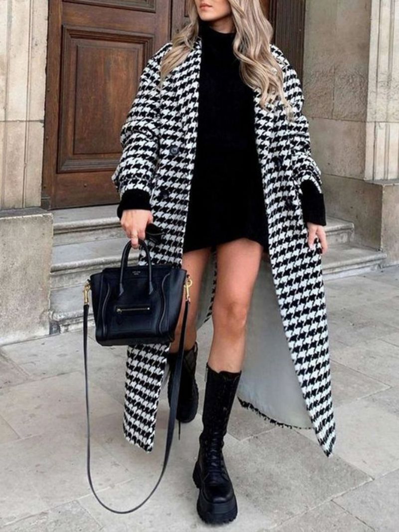 Daglig Langærmet Houndstooth Loose Lapel Collar Overcoat