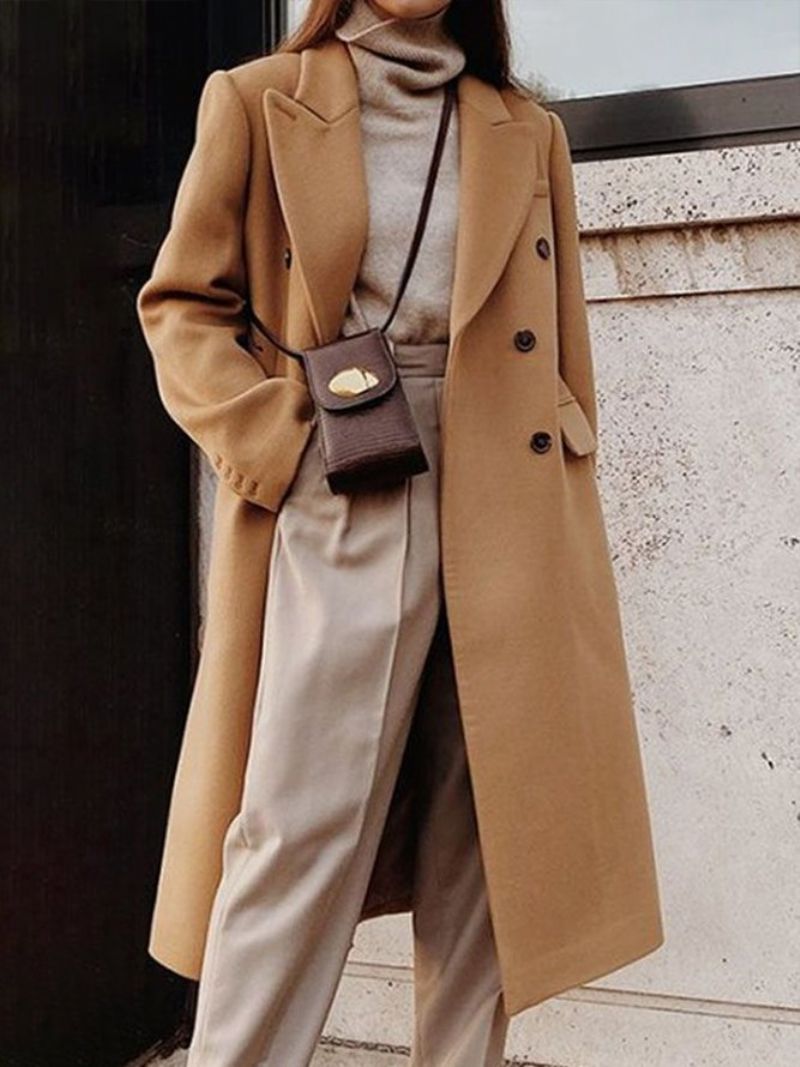 Khaki Daily Langærmet Lapel Collar Urban Plain Overcoat