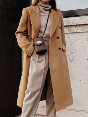 Khaki Daily Langærmet Lapel Collar Urban Plain Overcoat