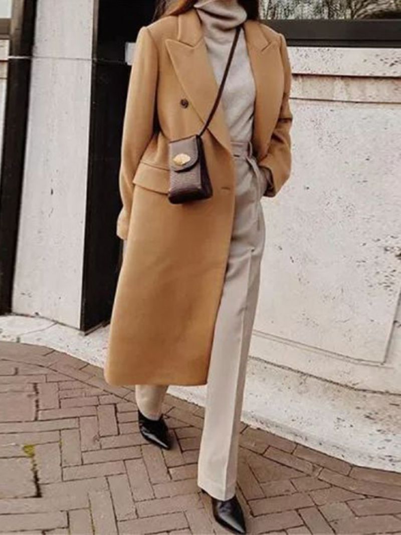 Khaki Daily Langærmet Lapel Collar Urban Plain Overcoat