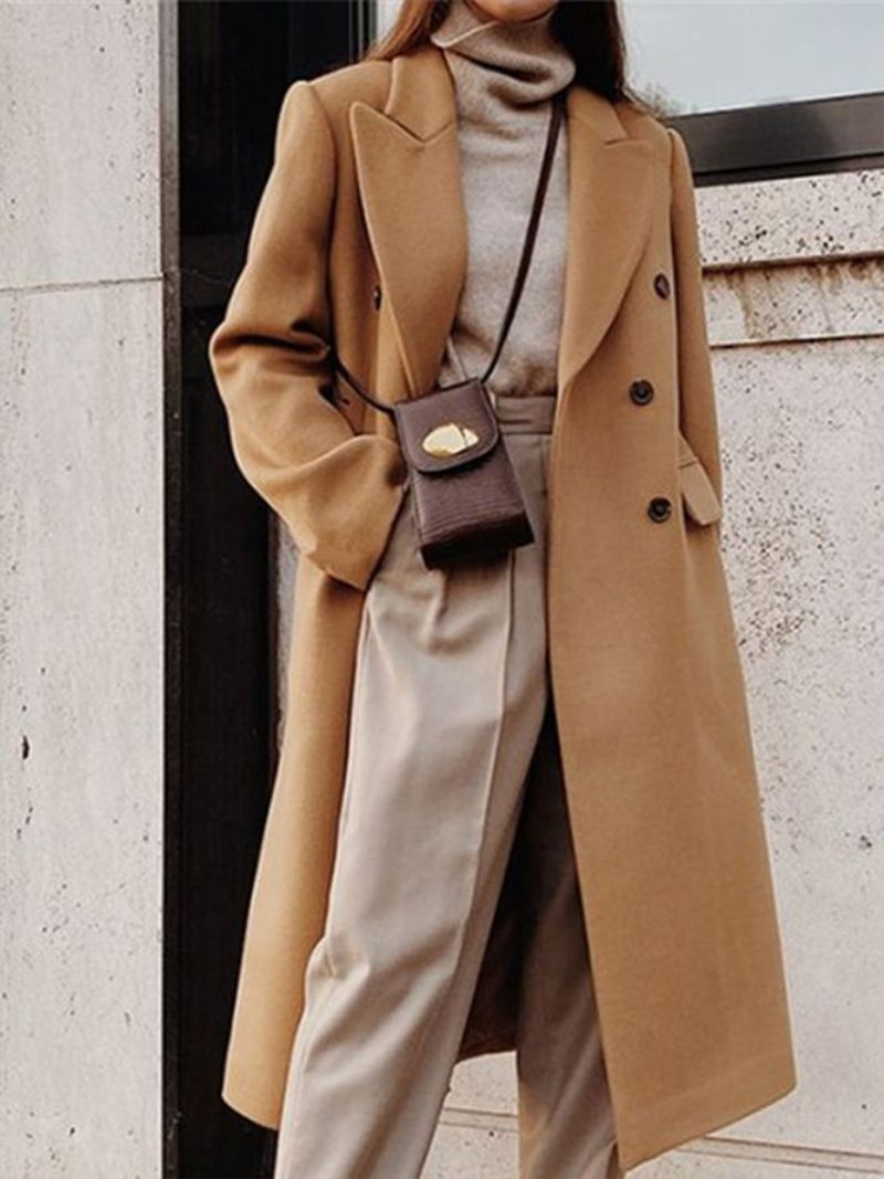 Khaki Daily Langærmet Lapel Collar Urban Plain Overcoat