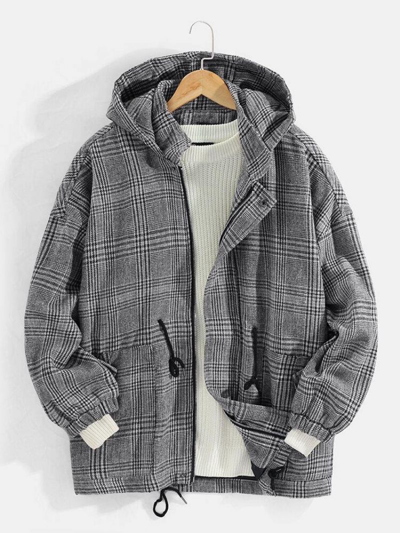 Mænds Vintage Plaid Snøre I Taljelomme Varme Hættefrakker