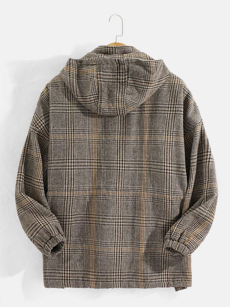 Mænds Vintage Plaid Snøre I Taljelomme Varme Hættefrakker