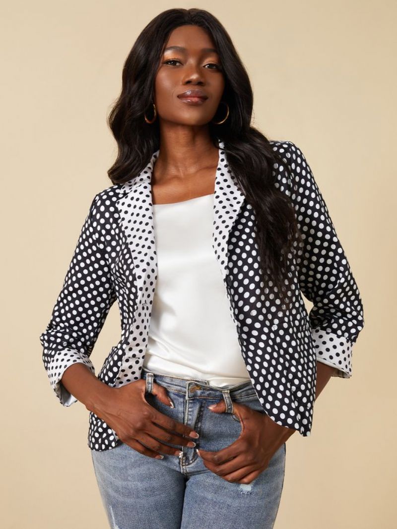 Polka Dots Lapel 3/4 Ærmet Farveblok Blazer