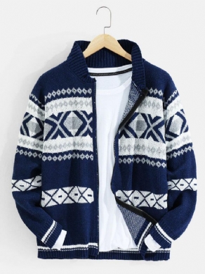 Herre Tribal Mønster Strikket Baseball Krave Vintage Sweater Cardigans