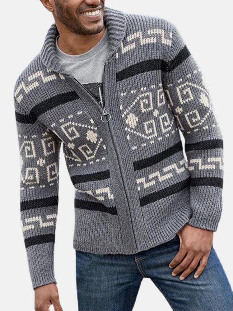 Mænds Etnisk Print Lynlås Strikket Casual Slim Fit Langærmet Cardigan Sweater