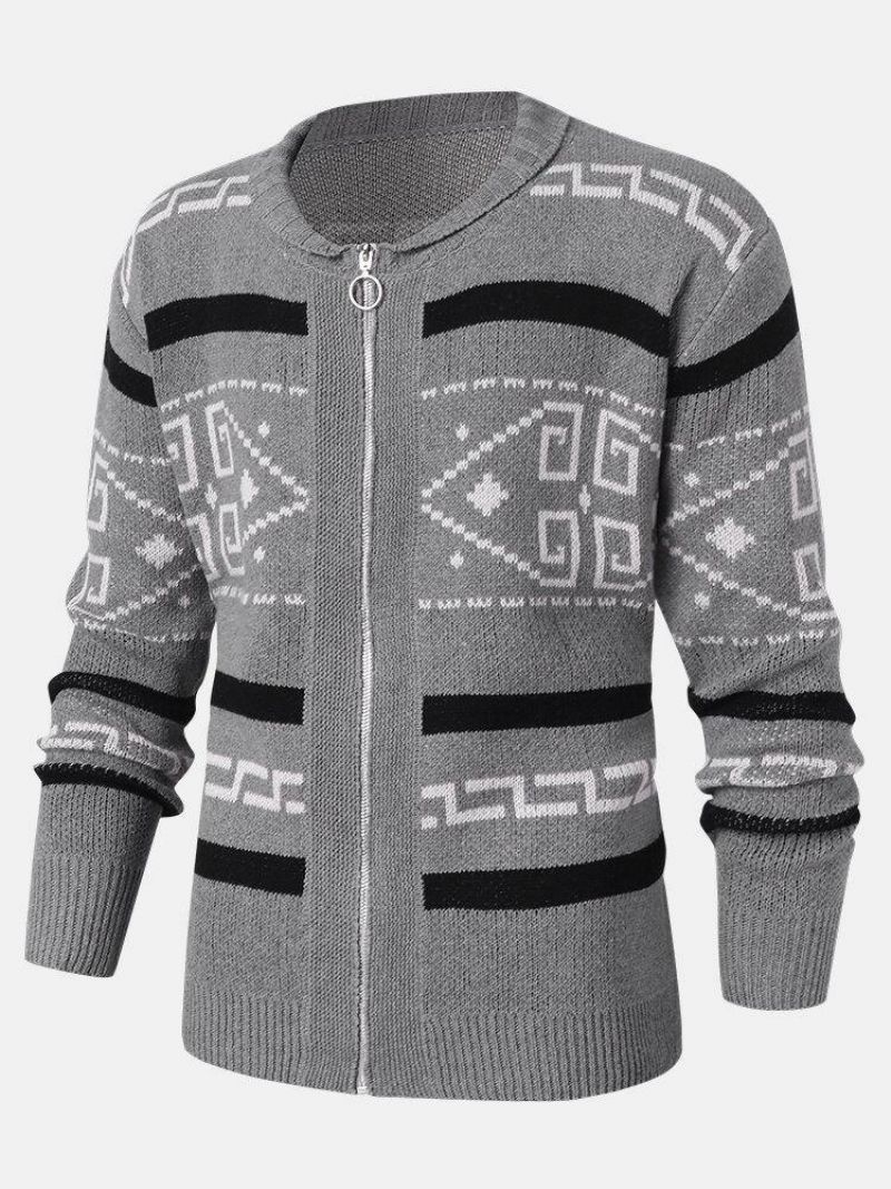 Mænds Etnisk Print Lynlås Strikket Casual Slim Fit Langærmet Cardigan Sweater