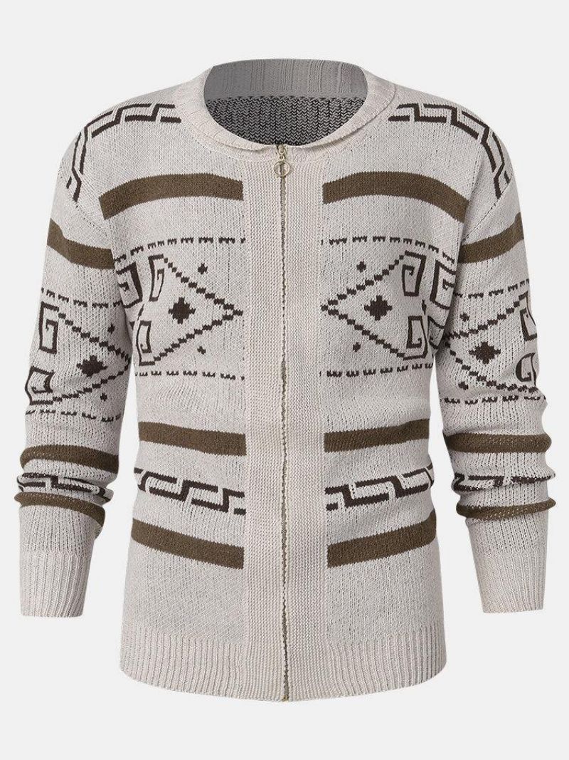 Mænds Etnisk Print Lynlås Strikket Casual Slim Fit Langærmet Cardigan Sweater