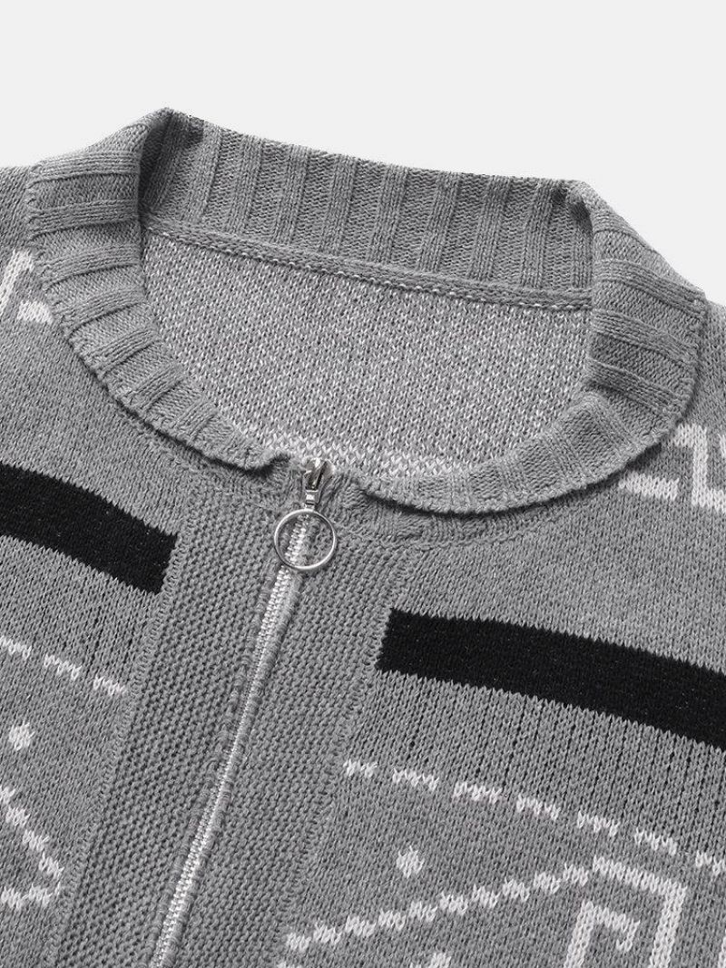 Mænds Etnisk Print Lynlås Strikket Casual Slim Fit Langærmet Cardigan Sweater