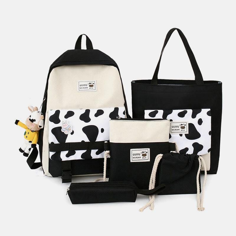 5 Stk Canvas Preppy Cow Pattern Multifunktion Kombinationstaske Rygsæk Tote Crossbody Taske Clutch Tegnebog