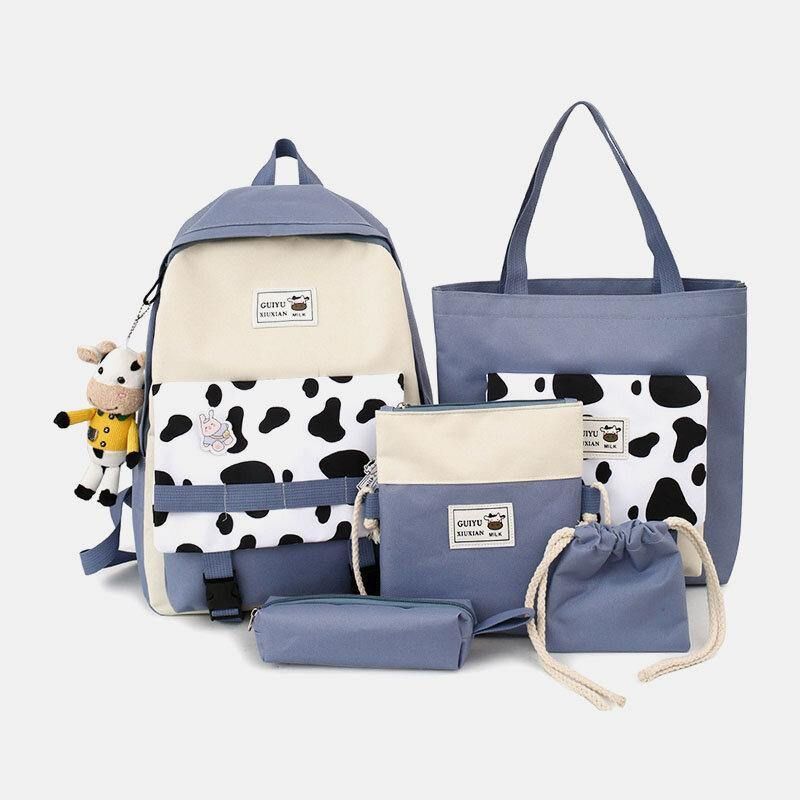 5 Stk Canvas Preppy Cow Pattern Multifunktion Kombinationstaske Rygsæk Tote Crossbody Taske Clutch Tegnebog