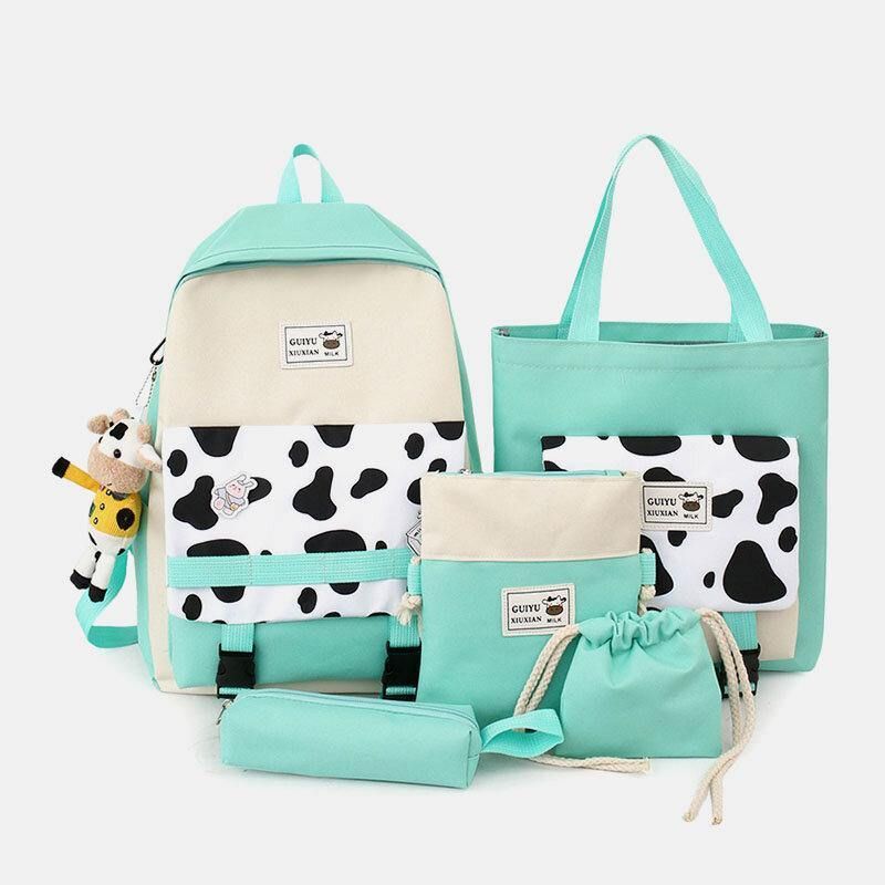 5 Stk Canvas Preppy Cow Pattern Multifunktion Kombinationstaske Rygsæk Tote Crossbody Taske Clutch Tegnebog