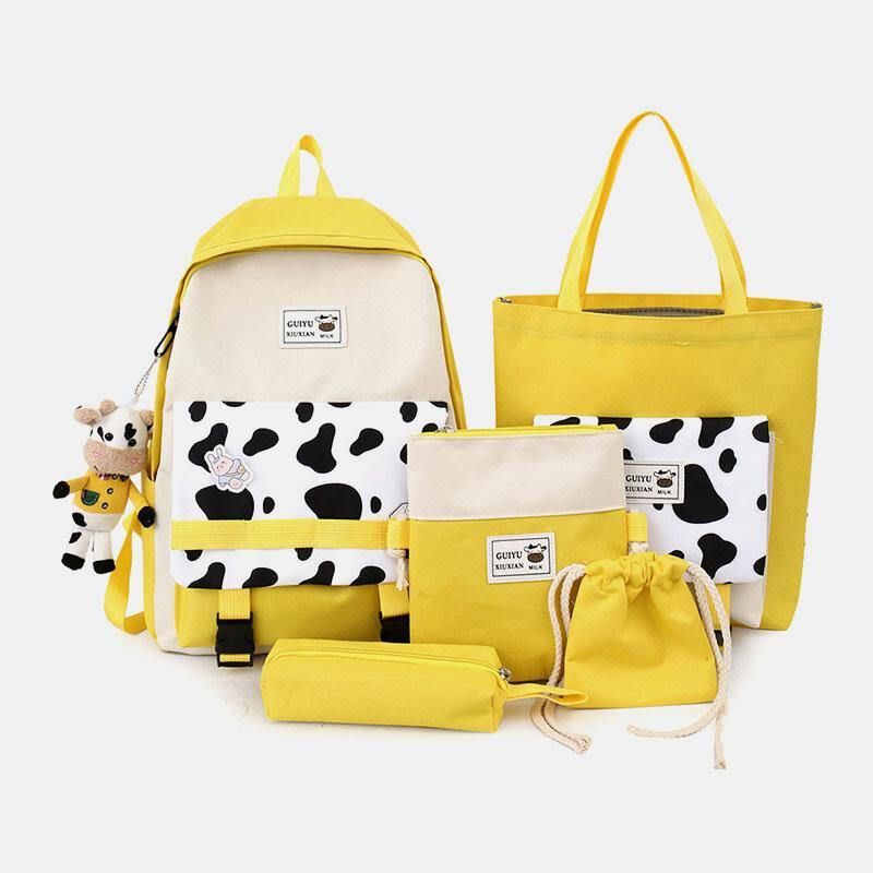 5 Stk Canvas Preppy Cow Pattern Multifunktion Kombinationstaske Rygsæk Tote Crossbody Taske Clutch Tegnebog