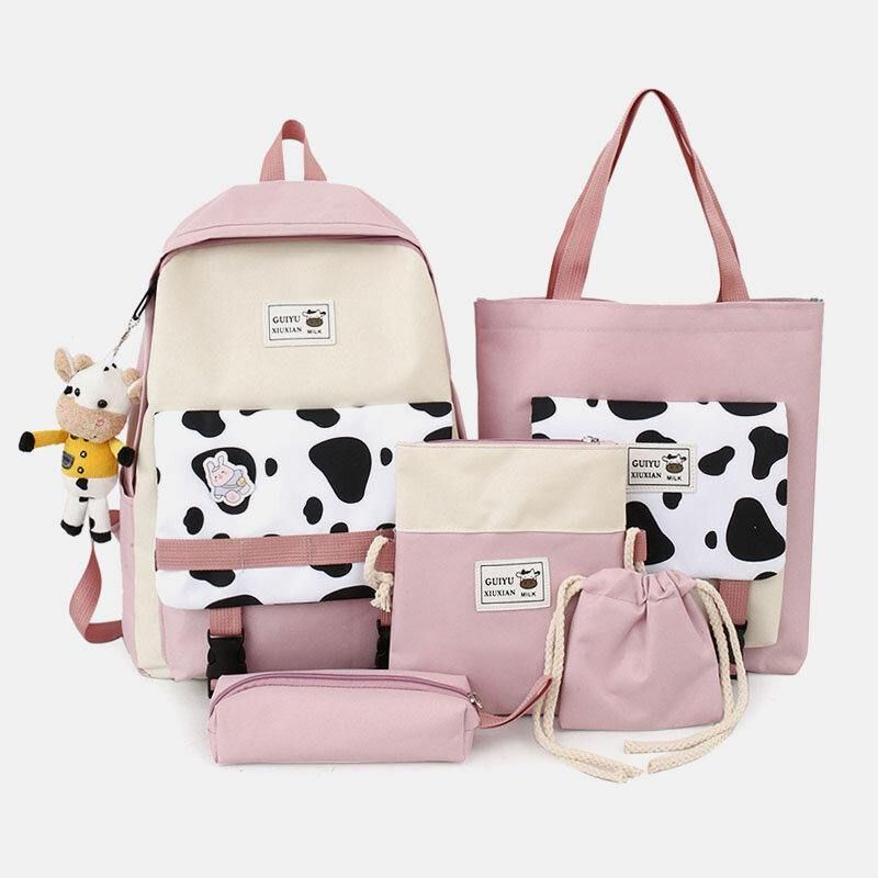 5 Stk Canvas Preppy Cow Pattern Multifunktion Kombinationstaske Rygsæk Tote Crossbody Taske Clutch Tegnebog