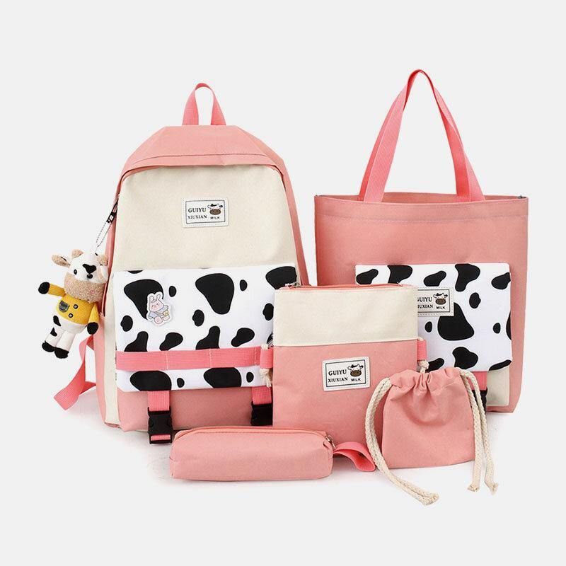 5 Stk Canvas Preppy Cow Pattern Multifunktion Kombinationstaske Rygsæk Tote Crossbody Taske Clutch Tegnebog