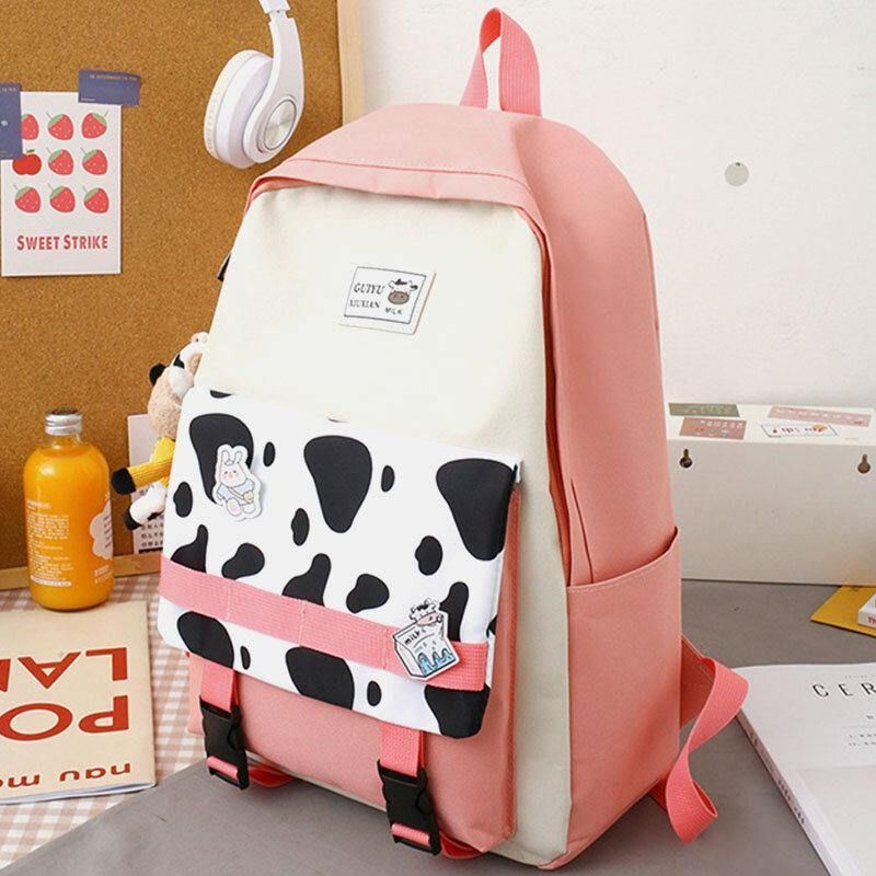 5 Stk Canvas Preppy Cow Pattern Multifunktion Kombinationstaske Rygsæk Tote Crossbody Taske Clutch Tegnebog