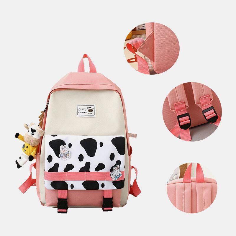 5 Stk Canvas Preppy Cow Pattern Multifunktion Kombinationstaske Rygsæk Tote Crossbody Taske Clutch Tegnebog