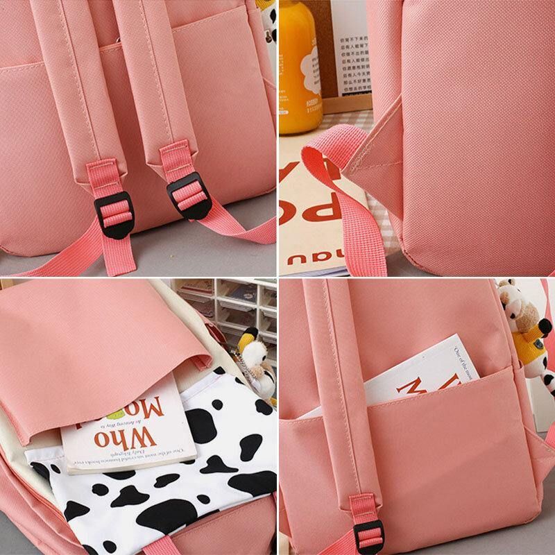 5 Stk Canvas Preppy Cow Pattern Multifunktion Kombinationstaske Rygsæk Tote Crossbody Taske Clutch Tegnebog