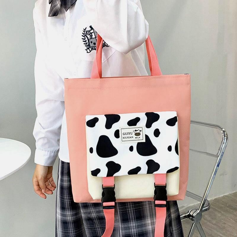 5 Stk Canvas Preppy Cow Pattern Multifunktion Kombinationstaske Rygsæk Tote Crossbody Taske Clutch Tegnebog