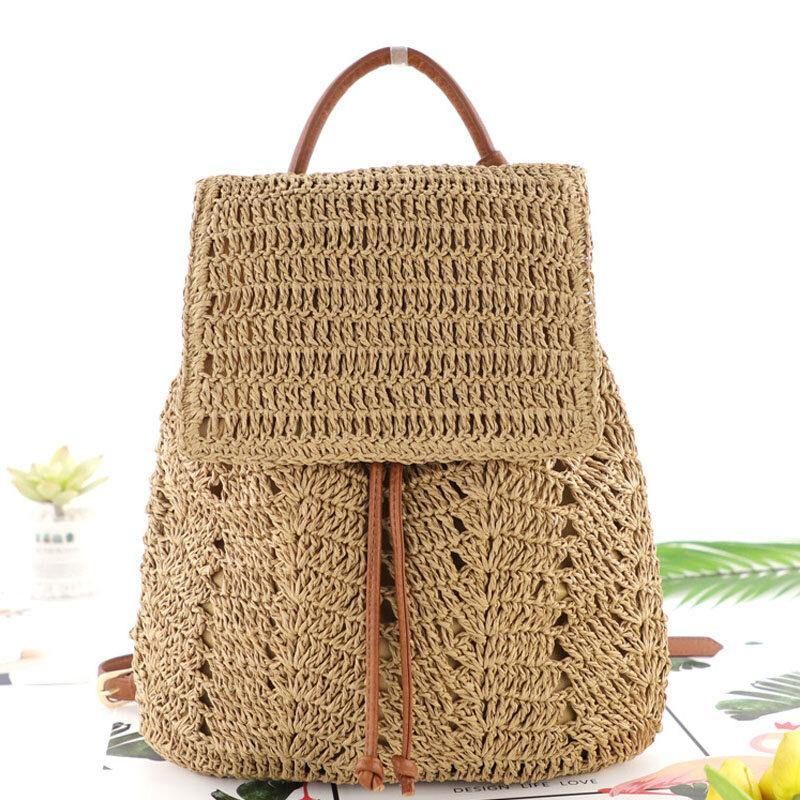 Kvinder Mori Series String Straw Bag Dual-Use Woven Bag Retro Beach Bag Rygsæk