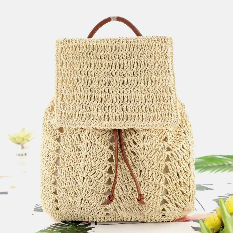 Kvinder Mori Series String Straw Bag Dual-Use Woven Bag Retro Beach Bag Rygsæk