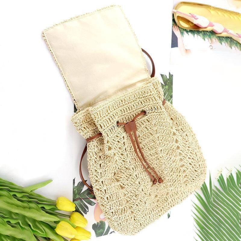 Kvinder Mori Series String Straw Bag Dual-Use Woven Bag Retro Beach Bag Rygsæk