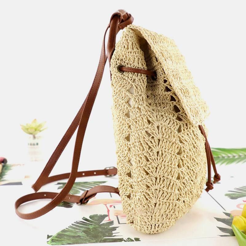 Kvinder Mori Series String Straw Bag Dual-Use Woven Bag Retro Beach Bag Rygsæk