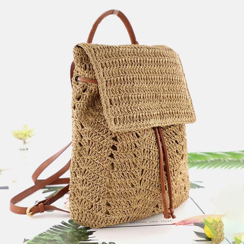 Kvinder Mori Series String Straw Bag Dual-Use Woven Bag Retro Beach Bag Rygsæk